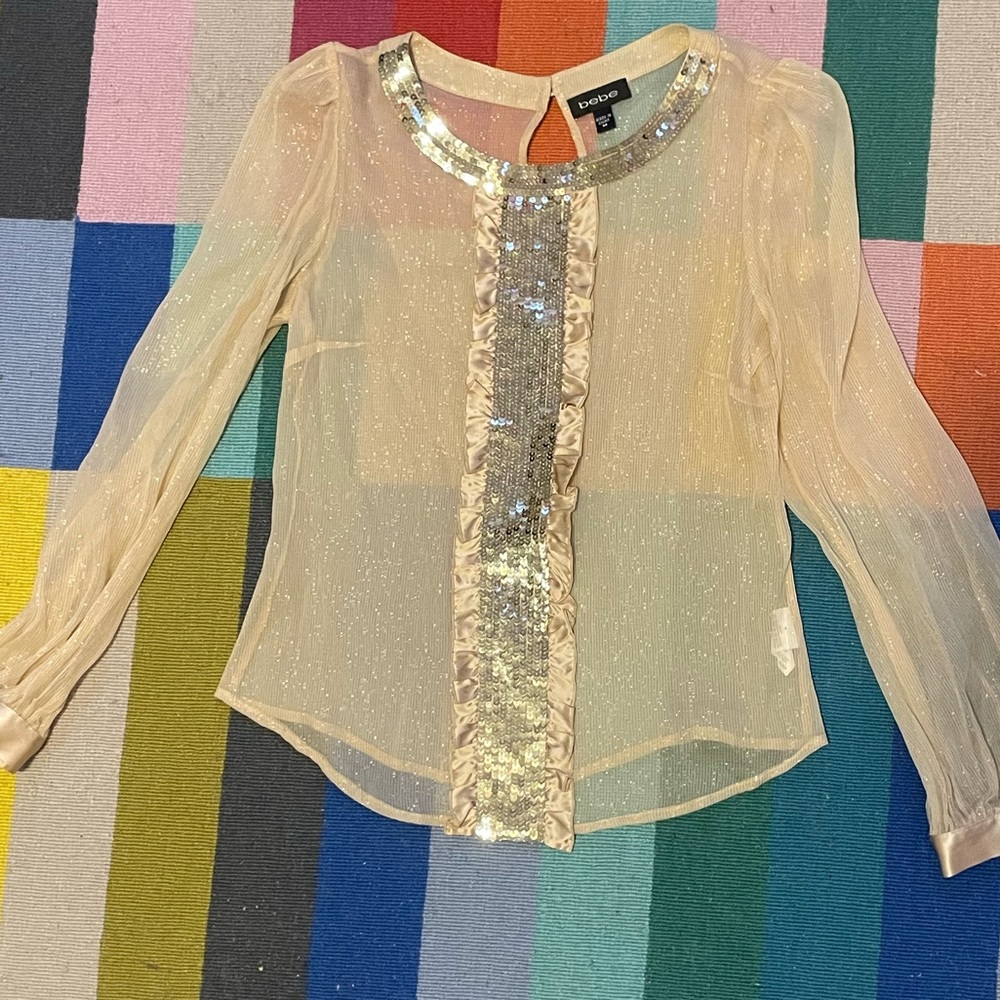 Bebe Embellished Sheer Gold Top